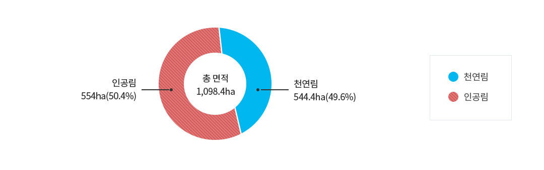 광릉시험림 임종(인공림554ha(50.4%), 천연림554.4ha(49.6%) 총 면적 1,098.4ha)