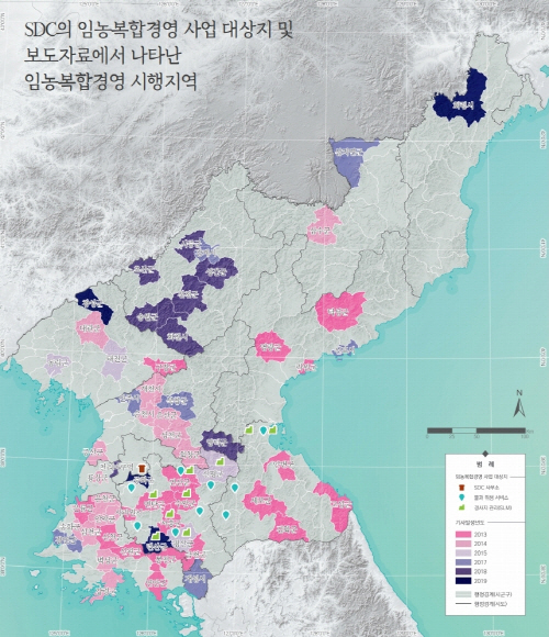 북한의 임농복합경영 시행지역 위치도